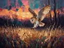 Uil in beweging tussen de grassen, schilderij van uil