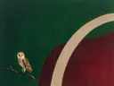 Schilderij van uil in bordeaux en bosgroen, in vlakke kleurvlakken