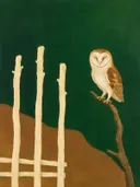 Schilderij van uil in dennengroen en klei, in vlakke kleurvlakken