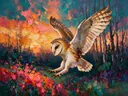 Uil in diep beweging in een bloementuin, schilderij van uil