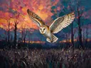 Uil in diep beweging tussen de grassen, schilderij van uil