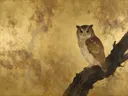 Uil in diep goud en brons, schilderij van een uil, oosterse stijl