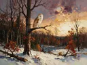 Uil in diep het landschap in de sneeuw, schilderij van uil