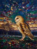 Uil in diep pose in de mist, schilderij van uil