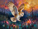 Uil in donker beweging in een bloementuin, schilderij van uil