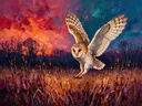 Uil in donker beweging tussen de grassen, schilderij van uil