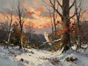 Uil in donker het landschap in de sneeuw, schilderij van uil