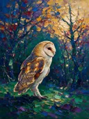 Uil in donker pose bij bloesem, schilderij van uil