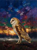Uil in donker pose in de mist, schilderij van uil