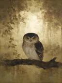 Uil in goud en brons, schilderij van een uil, oosterse stijl