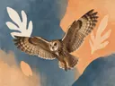 Schilderij van uil in grijsblauw en abrikoos, in vlakke kleurvlakken