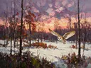 Uil in het landschap in de sneeuw, schilderij van uil