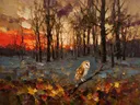 Uil in het landschap tussen de bomen, schilderij van uil