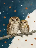 Schilderij van uil in kalkwit en zeeblauw, in vlakke kleurvlakken