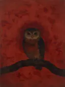 Schilderij van een uil, oosterse stijl in lakrood