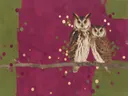 Schilderij van uil in magenta en olijfgroen, in vlakke kleurvlakken