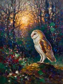 Uil in pose bij bloesem, schilderij van uil