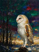 Uil in pose in de mist, schilderij van uil