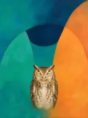 Schilderij van uil in turkoois en mandarijn, in vlakke kleurvlakken