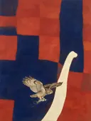 Schilderij van uil in vermiljoen en indigo, in vlakke kleurvlakken