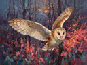 Uil in warm beweging in een bloementuin, schilderij van uil