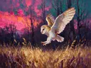 Uil in warm beweging tussen de grassen, schilderij van uil