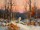 Uil in warm het landschap in de sneeuw, schilderij van uil
