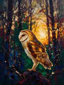 Uil in warm pose bij bloesem, schilderij van uil