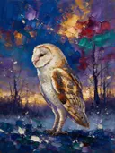 Uil in warm pose in de mist, schilderij van uil