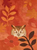Schilderij van uil in warme kleuren bij elkaar, in vlakke kleurvlakken