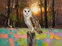Uil op een paal in amber, schilderij van uil op een paal, met het paletmes geschilderd