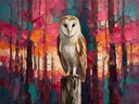 Uil op een paal, schilderij van uil op een paal, met het paletmes geschilderd