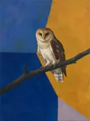 Schilderij van uil op een tak in kobalt en saffraan, in vlakke kleurvlakken