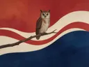 Schilderij van uil op een tak in vermiljoen en indigo