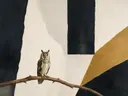 Schilderij van uil op een tak in zwart en gebroken wit, in vlakke kleurvlakken
