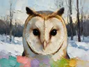 Uil portret in diep de sneeuw, schilderij van uil portret