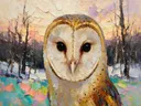 Uil portret in donker de sneeuw, schilderij van uil portret