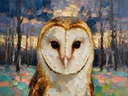 Uil portret tussen de bomen in diep oranje, schilderij van uil portret tussen de bomen, met het paletmes geschilderd, op c...