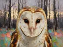 Uil portret tussen de bomen in donker oranje, schilderij van uil portret tussen de bomen, met het paletmes geschilderd, op...