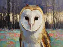 Uil portret tussen de bomen in warm oranje, schilderij van uil portret tussen de bomen, met het paletmes geschilderd, op c...