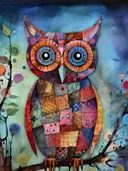 Schilderij van een gekleurde patchwork-uil op een tak tussen bladeren