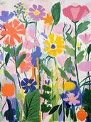 Schilderij van een dicht bloemenveld met paarse, oranje, gele en roze bloemen.