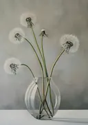 Schilderij van uitgebloeide paardenbloemen in een vaas