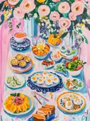 Schilderij van een uitgebreide brunchtafel met gevulde eieren, taartjes en fruit onder een bloemenboeket.