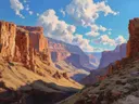 Schilderij van een uitgestrekt canyonlandschap onder een bewolkte hemel