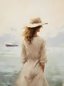 Vrouw met hoed kijkt uit over zee naar een boot