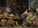 Uitstalling van vruchten en groente met een amoureus paar van Jan van Kessel the Elder: stad