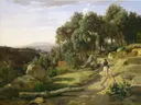 Uitzicht bij Volterra van Jean-Baptiste-Camille Corot: landschap met pad, ruiter, bomen en heuvels, in blauw en oker