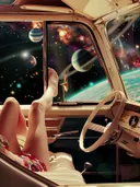 Auto-interieur met uitzicht op de ruimte