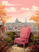 Roze fauteuil op een balkon met uitzicht op de Parijse skyline en de Eiffeltoren, met herfstbladeren.